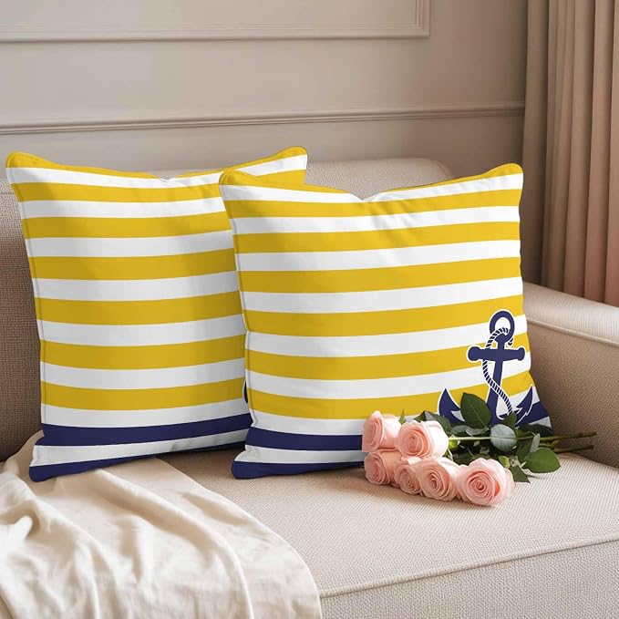 Throw Pillow Covers 16x16 Inch Set of 2, Yellow Striped Waterproof Outdoor Cushion Covers, Navy Blue Nautical Anchor Geometric Decorative Pillowcases for Couch, Sofa, Bed, Garden, Patio