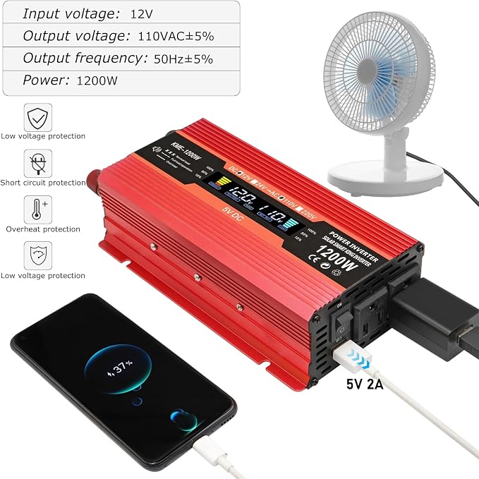 1200W Car Power Inverter DC 12V to 110V AC Converter 1200W Inverter Power Inverters with LCD Display and AC Outlets 2A USB Charging Port