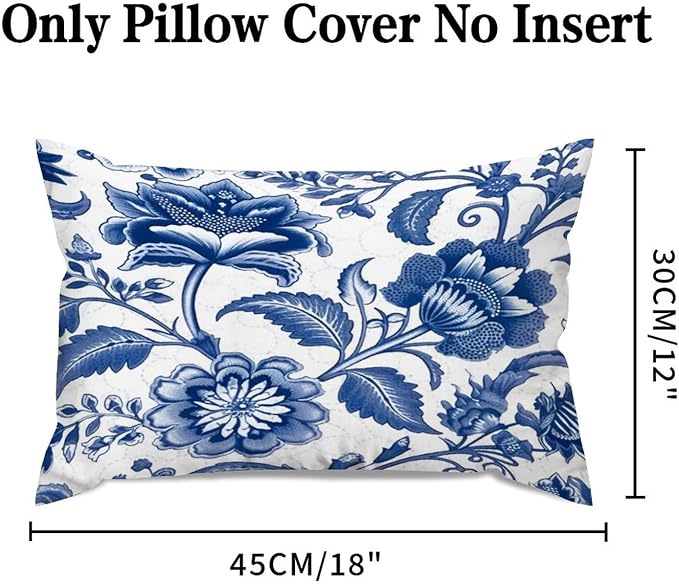 Set of 2 Blue and Ivory Indigo Floral Pillow Cases 12x18in Cushion Covers Farmhouse Pillows Covers for Couch Living Room Office Soft Rectangle Accent Pillowcase for Kids