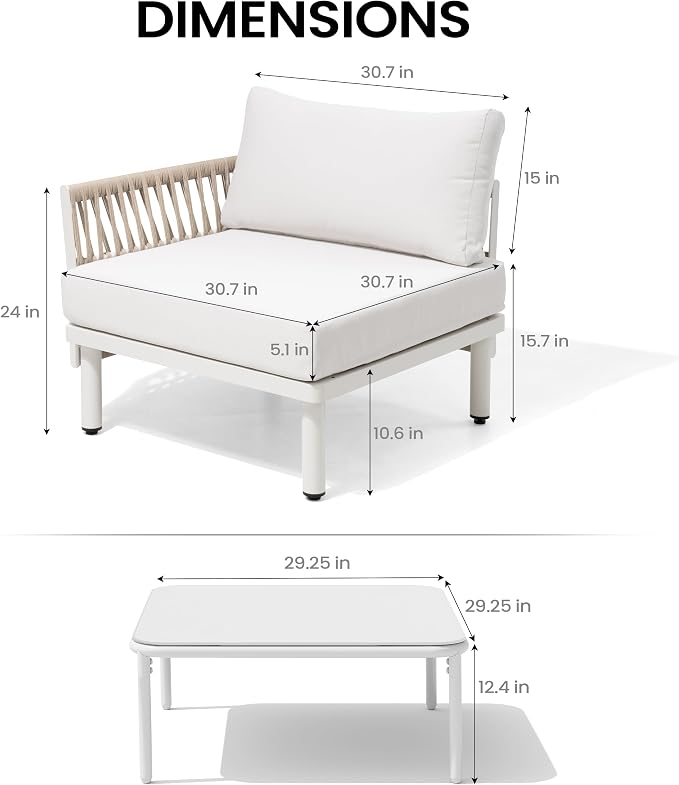 5-Piece Aluminum Modern Outdoor Sectional Sofa with Coffee Table - Weather-Resistant 31" Deep Seating Patio Conversation Set, 5.1" Thick Removable Cushions for Deck, Porch & Backyard, Beige