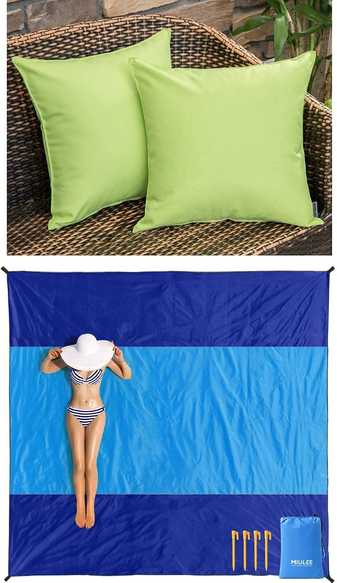 MIULEE Large Beach Blanket Bundle Pack of 2 Decorative Outdoor Waterproof Pillow Covers Square Garden Cushion Sham Throw Pillowcase Shell for Patio Tent Couch 18x18 Inch Pale Green