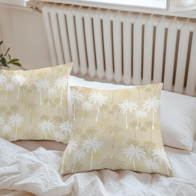 Throw Pillow Covers 24x24 Inch Set of 2, Tropical Palm Tree Waterproof Outdoor Pillow Covers, Beige White Plants Coastal Leaf Beach Decorative Cushion Pillowcases for Couch, Sofa, Bed, Garden, Patio