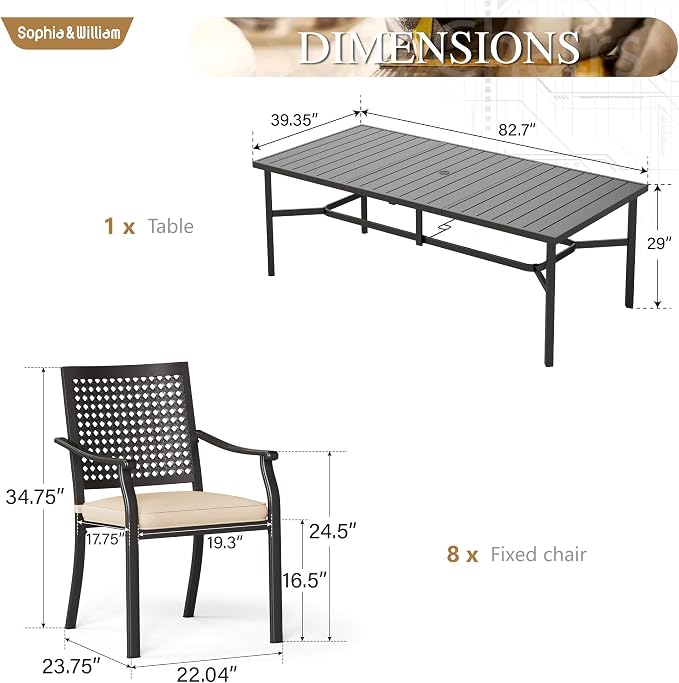 Sophia & William Patio Table and Chairs Set, Outdoor Dining Set for 8, 9 Piece Metal Patio Furniture, 82.7" Black Rectangular Table(Beehive)