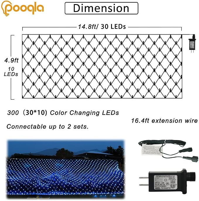 Blue Net Lights, 15x 5ft Christmas Bush Lights Outdoor Green Wire | 300 LED Large Net Mesh Lights Plug in, 8 Modes Waterproof Connectable Bushes Lights for Halloween Hedge Yard Decor