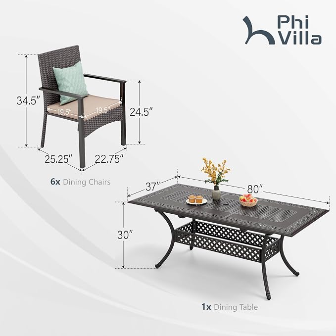 PHI VILLA 7 Pieces Expandable Cast Aluminum Outdoor Dining Set for 6, Extendable Metal Table with Umbrella Hole & Cushioned Wicker Chairs, Dining Furniture Set for Patio, Deck, Yard and Porch