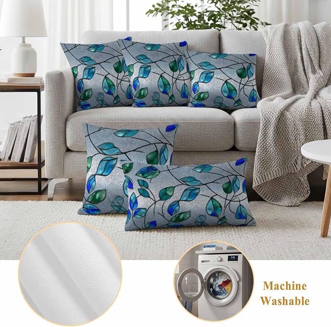 Glass Leaves Outdoor Waterproof Pillow Covers Set of 2, Abstract Blue Green Ombre Leaf Glass Splicing Pillowcase Decorative Throw Cushion Cases for Patio Garden Couch 20 x 20 Inches