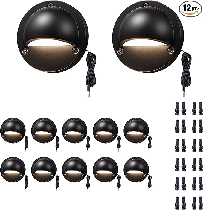 Low Voltage LED Step Lights - 12V Landscape Hardwired Waterproof Lighting, Outdoor Deck Lights 5 Color Temperature Dimmable, Aluminum Black for Wall Garden Fence Handrail 12 Pack