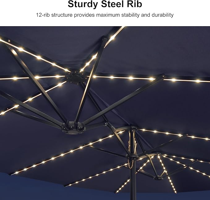 PURPLE LEAF 13ft Patio Market Umbrella with Solar LED and Base Double-Sided Rectangle Outdoor Table Sun Umbrellas with Crank for Pool Beach Deck Backyard Navy Blue