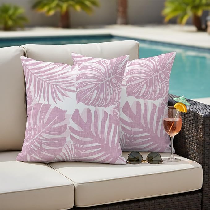 Pink Palm Leaves Outdoor Pillow Covers 24"x24" Set of 2, Tropical Botanical Minimalist Modern Waterproof Throw Pillow Covers for Patio Furniture, Decorative Cushion Covers for Porch