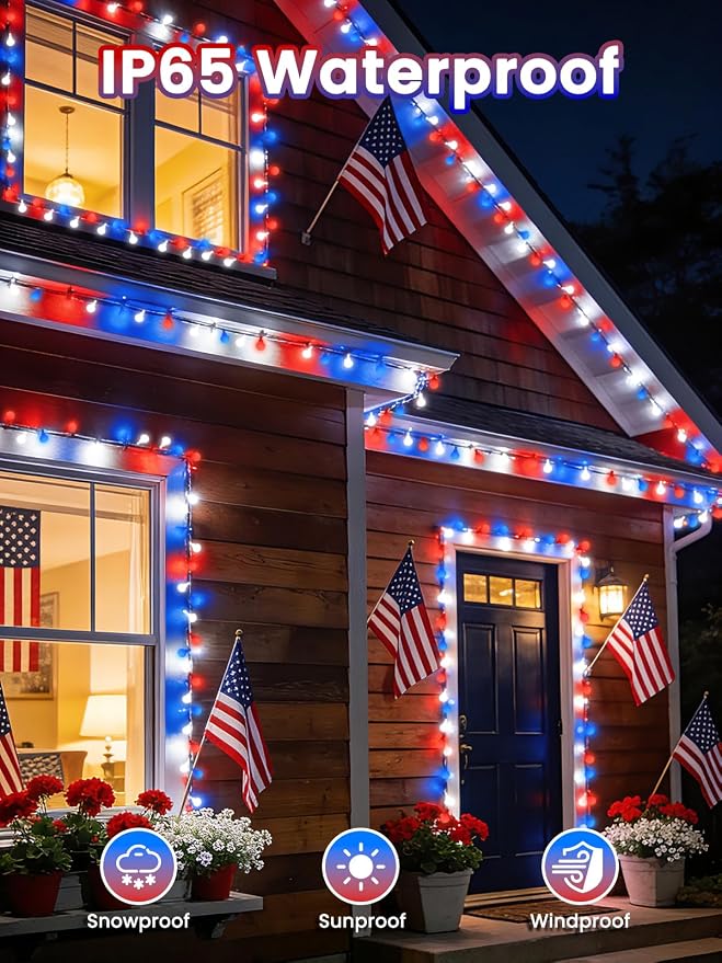 2-Pack 80 LED 39FT Red White and Blue Solar Globe String Lights Outdoor | LED Patriotic Lights, Waterproof, Solar American Flag Lights, 8 Modes 4th of July Decorations for Independence Memorial Day