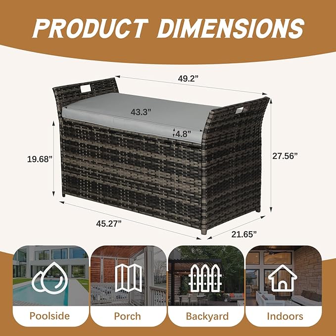90 Gallon Outdoor Wicker Storage Bench with Cushion, Patio PE Rattan Deck Box with Handles (Gray), Grey