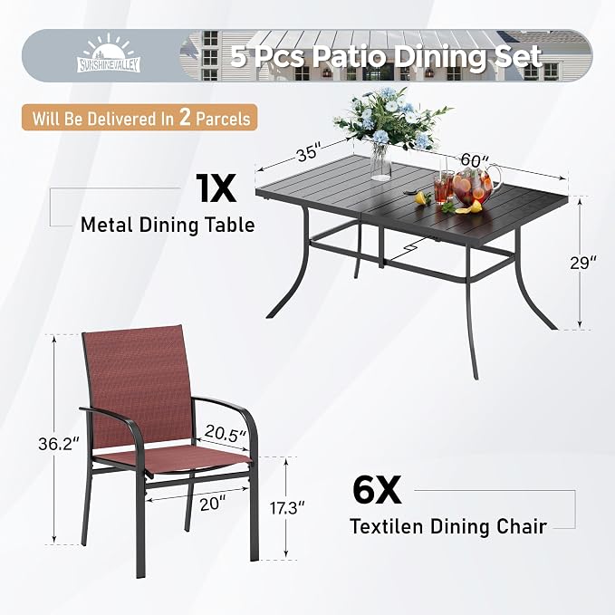 SUNSHINE VALLEY Patio Dining Set 7 PCS, Rectangular Steel Dining Table with 1.57" Hole, Red Stable Dining Chairs for 6,Patio Table and Chairs for Outdoor Lawn Garden,Deck.