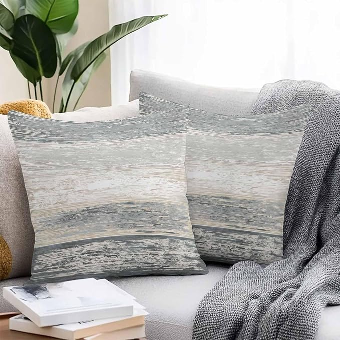 Dark Gray Outdoor Pillow Covers 20"x20" Set of 2, White Gradient Rustic Striped Minimalist Country Waterproof Throw Pillow Covers for Patio Furniture, Decorative Cushion Covers for Porch
