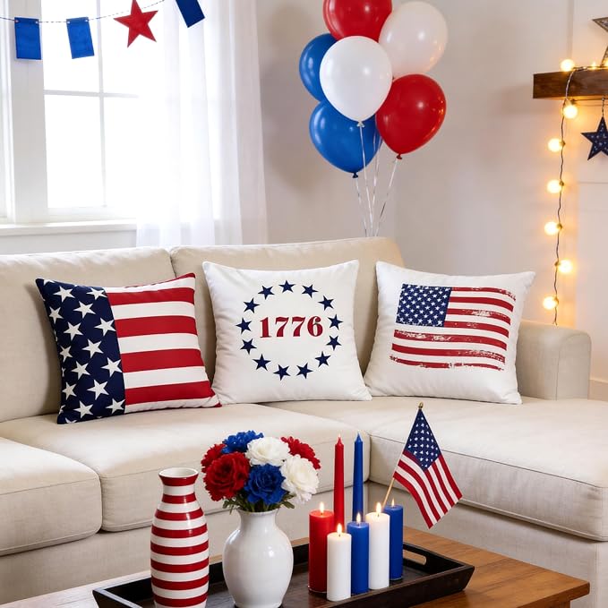 4th of July Pillow Covers 18x18 Inch Set of 2 | Patriotic Outdoor Throw Pillow Covers, American Star Red Blue Stripe Decorative Cushion Case for Independence Memorial Day