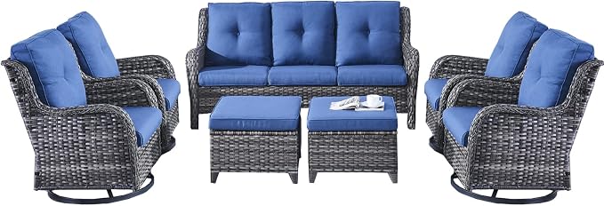 Rilyson Wicker Patio Furniture Sets - 7 Piece Rattan Outdoor Sectional Conversation Set with 4 Swivel Rocking Chairs,2 Ottomans and 1 Sofa for Porch Deck Garden(Mixed Grey/Blue)