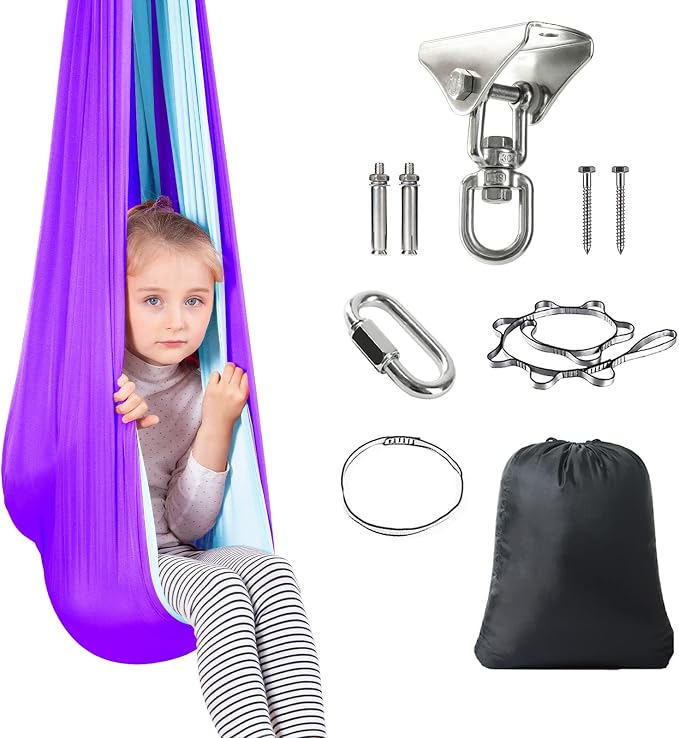 Therapy Swing Hammock Kids Cuddle Sensory Swing Indoor Therapeutic Hammock 360° Rotating Double Layer Elastic Rocking Cloth Swing Gifts for Children with ADHD SPD Asperger Autism (Purple+Sky Blue)