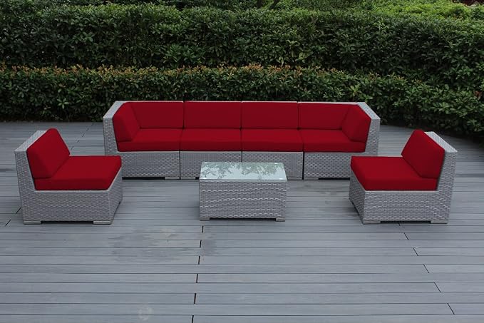 Ohana Outdoor Patio Wicker Furniture 7 Piece Gray Wicker Sectional Conversational Set with Free Patio Cover - Red
