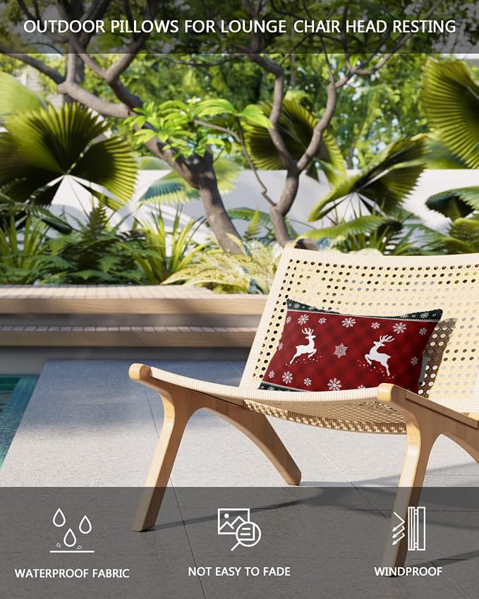 Outdoor Pillows Covers with Inserts Christmas Elk Dreamlike Snowflake Border Waterproof Recliner Pillow with Adjustable Strap Throw Pillows for Patio Furniture Pool Lounge Chair, 11x16 inch, 1PCS