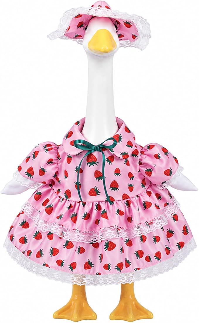 23 Inch Summer Strawberry Porch Goose Outfit, Pink Countryside Dress with Sun Hat, Seasonal Decorative Goose Clothes for Yard Lawn Patio Decor