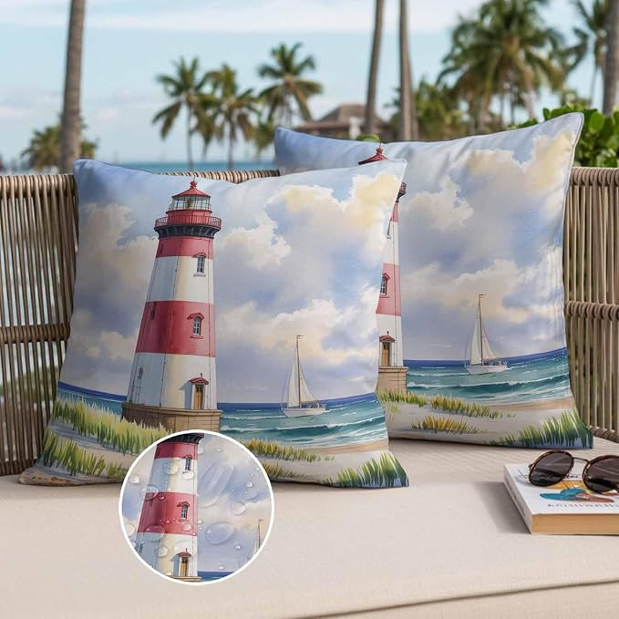 Beach Lighthouse Waterproof Outdoor Pillow Covers Set of 2 Home Decor, Coastal Ocean Ship Sky Oil Painting Pillowcase Patio Pillow Covers for Couch Bench Furniture Garden 18x18in