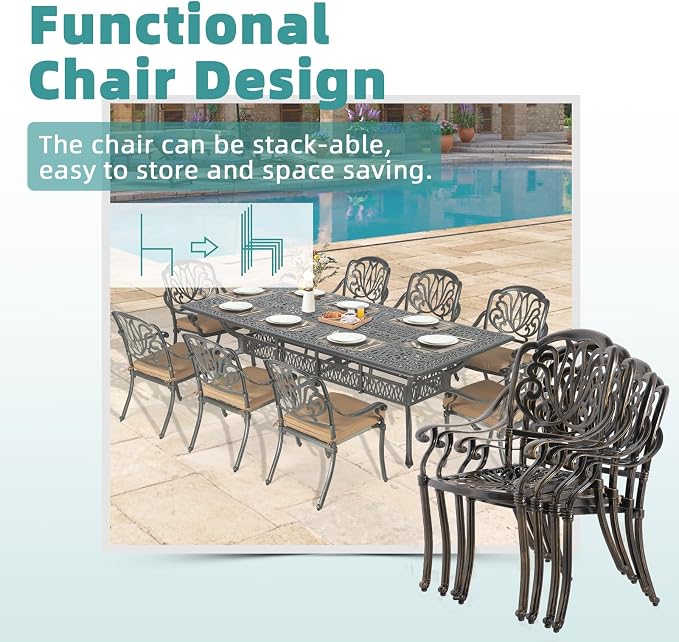 MEETWARM 9-Piece Outdoor Patio Dining Set for 8, All Weather Cast Aluminum Patio Funiture Table and Chairs Set- 94.5” Rectangular Table with 2" Umbrella Hole and 8 Cushioned Chairs for Garden, Khaki