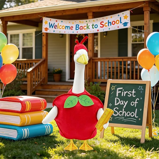 Back to School Porch Goose Outfits for 23 Inch Lawn Goose Statue,Cute Red Apple Goose Statue Costume, Porch Goose Clothes for School Classroom Outdoor Garden Yard Patio Statue Decor
