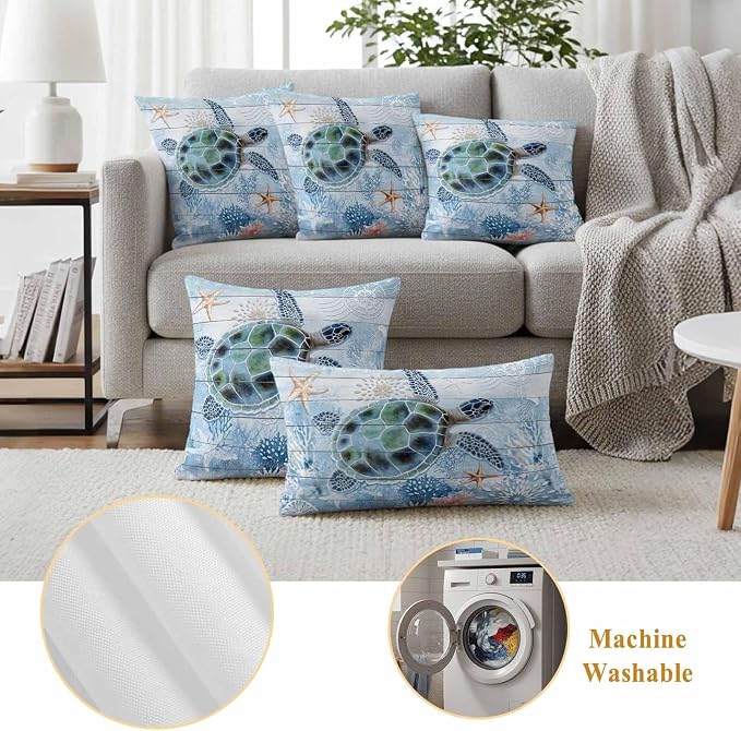 Green Sea Turtle Outdoor Waterproof Throw Pillow Covers Set of 2, 18"x18", Ocean Coral Starfish Vintage Blue Plank Decorative Pillow Covers Outside Cushion Case for Patio Porch Garden
