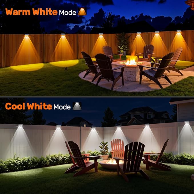 NIORSUN Solar Fence Lights,12 Pack Deck Light,Led Outdoor Lamp 3000K/6000K + RGB Wall Lights,IP45 Waterproof Solar Powered Light for Backyard/Pool/Railing/Patio/Porch/Step (White)