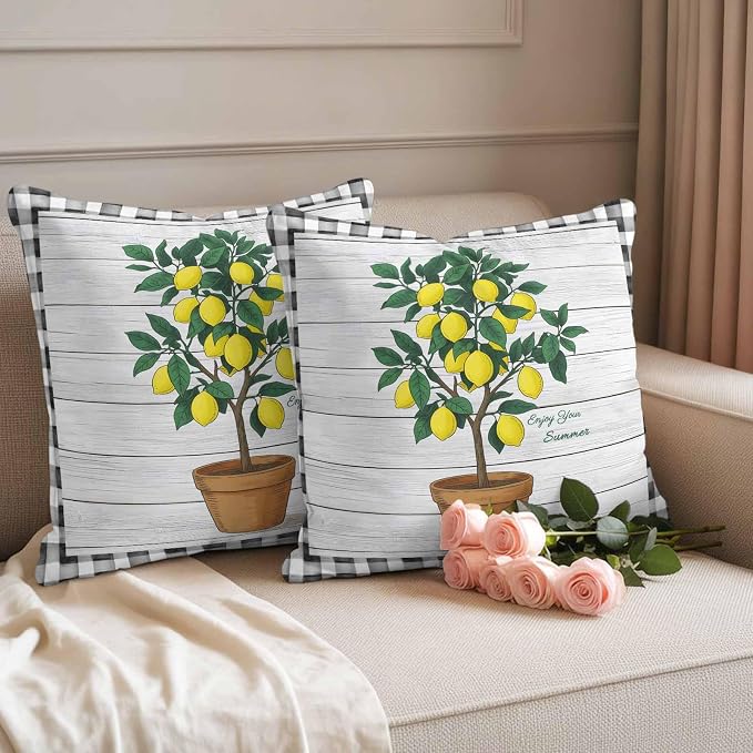 Summer Yellow Lemons Outdoor Waterproof Pillow Covers Set of 2, Green Leaf Botanical Gardens Wood Grain Plaid Pillowcase Decorative Throw Cushion Cases for Patio Garden Couch 20 x 20 Inches