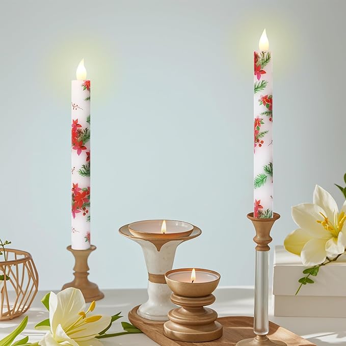 Christmas Flameless Taper Candles 2 Pack Christmas Poinsettia Flowers Battery Operated Candle with Remote Real Wax Flickering LED Fake Candle Home Decor for Xmas New Year Wedding Party