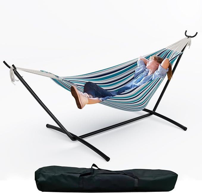 Double Hammock with Stand for Outdoor Use, 2 Person Heavy Duty Hammock with Steel Frame Stand, Portable Hammock for Patio, Yard & Garden, Easy Assembly, 450 Lbs Capacity-Ocean