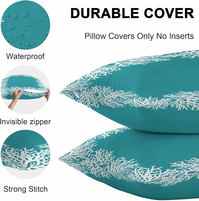 Vandarllin Outdoor Throw Pillows Covers 20x12 inch Set of 2 Waterproof Turquoise Coral Decorative Zippered Cushion Covers for Patio Furniture, Coastal Marine Life Lumbar Pillowcases