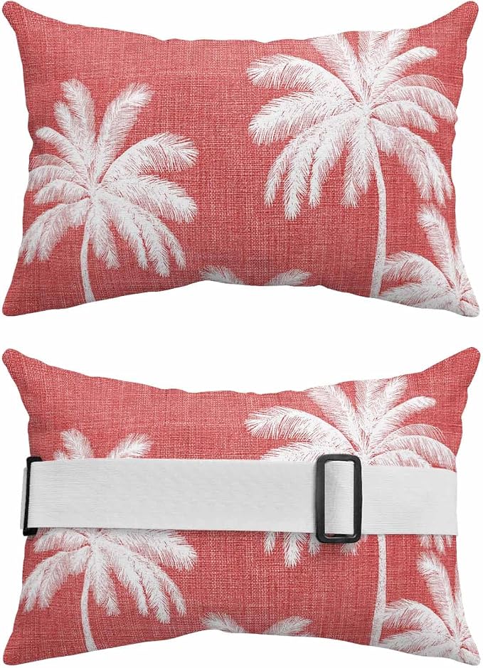 Pack of 2 Outdoor Lumbar Pillow Covers 12x20 Inch, Coral Red Palm Trees Waterproof Throw Pillow Covers Set, Farmhouse Tropical Summer Beach Indoor&Outdoor Decorative Cushion Cases for Patio Porch Car
