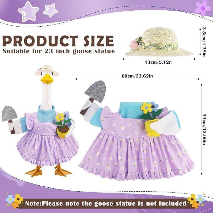 Erythem Gardener Porch Goose Outfits, Cute Spring Porch Goose Clothes with Straw Hat, Shovel & Flower Pot Fits 23" Cement Plastic Geese Statue for Outdoor Garden Yard Decor