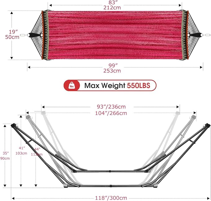 Goutime Collapsible Hammock Stand with Carry Bag, 550lbs,Portable,Red | 3 level adjustable up to 10ft, double layer hammock net, fits indoor, yard, camping, and outdoor use