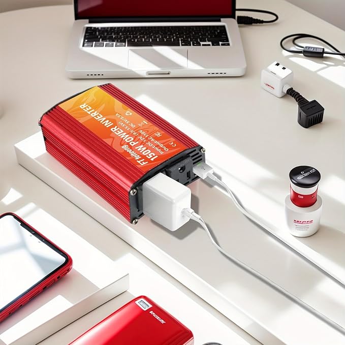 150W Power Inverter 12V DC to 110V AC Car Plug in Adapter Outlet with 2 AC Outlets, Type-C, USB Port Cigarette Lighter Adapter for Phone, Laptop and Small Devices on Road Trip