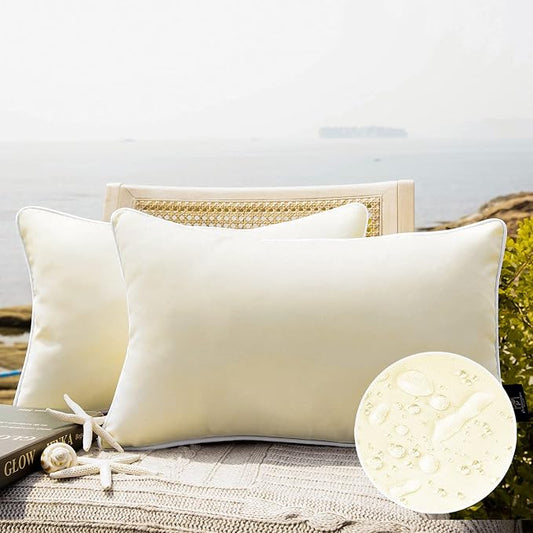 Phantoscope Pack of 2 Outdoor Waterproof Solid Throw Decorative Pillow Cover Decorative Square Outdoor Pillows Cushion Case Patio Pillows for Couch Tent,Cream Cheese 12x20 inches 30x50 cm