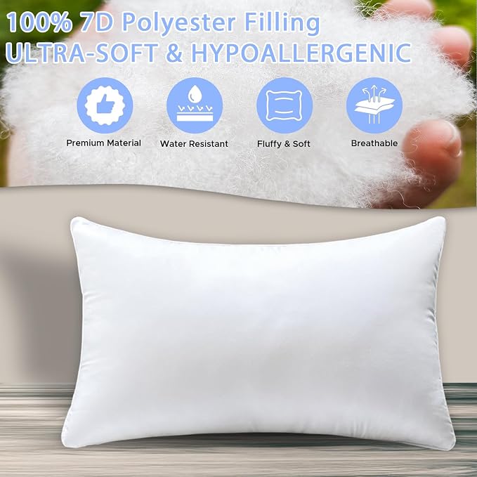 12x20 Waterproof Outdoor Lumbar Pillow Inserts, 4 Pack | Hypoallergenic & machine washable. Soft yet supportive, stays plump. Waterproof protection for patio, sofa, bed, garden.
