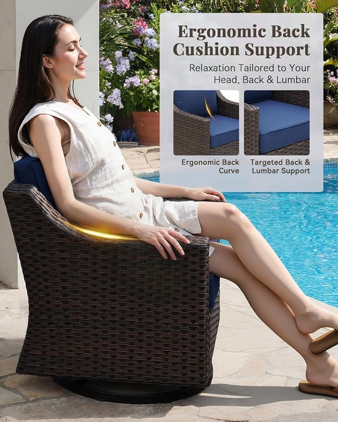 Patio Furniture Set 3 Pieces Luxury Outdoor Bistro with Swivel Rocker Chairs and Side Table, Easy Assembly Conversation Set for Porch Deck Balcony Yard in Brown Wicker and Blue Cushions