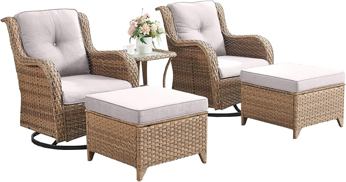 5 Pieces Patio Furniture-PE Wicker Outdoor Swivel Rocker Patio Chairs with Side Table Ottomans Outdoor Conversation Set for Porch Deck Balcony Garden-Yellow/Beige