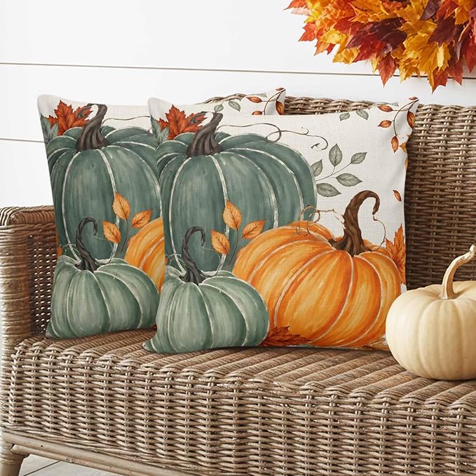 Green Orange Fall Waterproof Outdoor Pillow Covers 26''x26'' Set of 2, Maple Leaves Thanksgiving Patio Furniture Cushion Covers for Chairs,Decorative Farmhouse Beige Pillow Cases for Garden/Pool/Beach