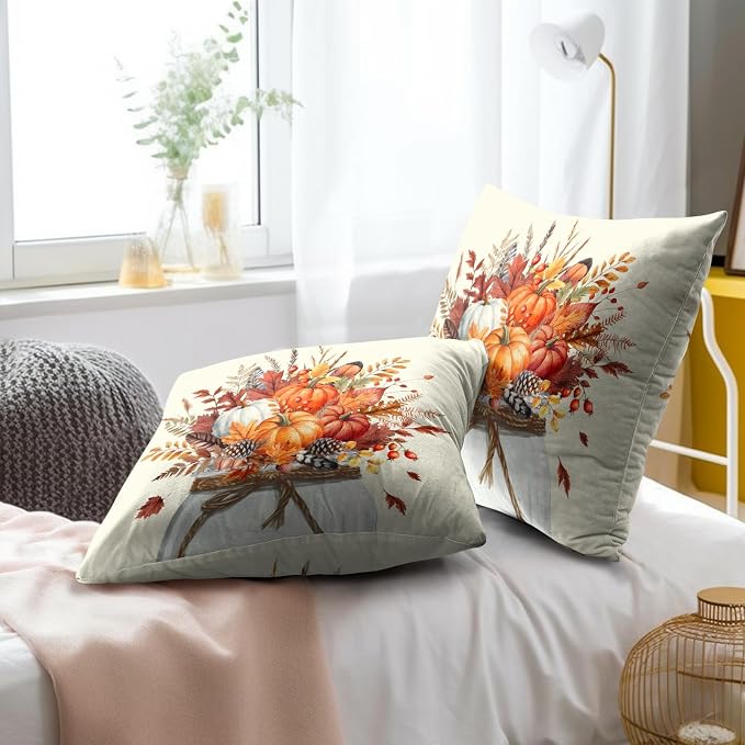 Autumn Pumpkin Throw Pillow Covers 22x22 Inch, Set of 2 Rustic Fall Orange Flowers Jar Square Pillowcases Soft Cotton Cushion Cover for Couch Bed Sofa Porch Seasonal Home Decor