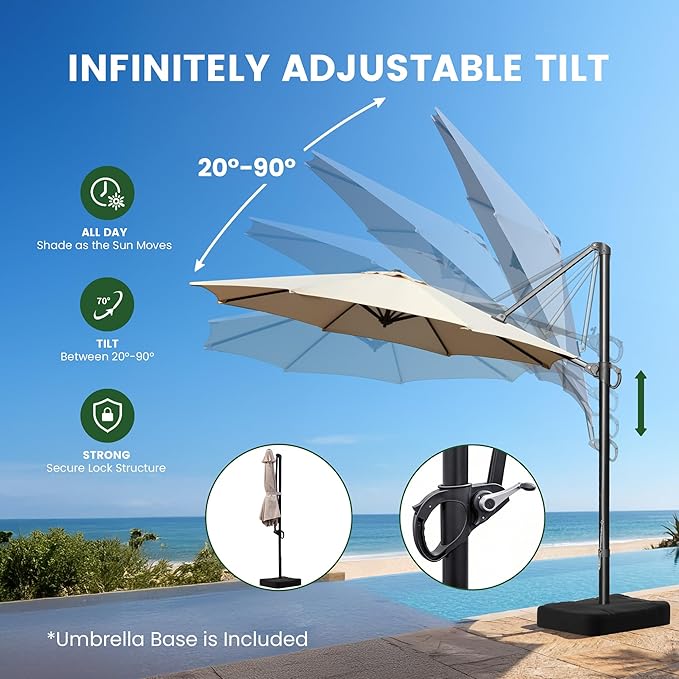 OLILAWN 10FT Outdoor Patio Umbrella with Base Included, Cantilever Offset Umbrella with 360° Rotation & Infinite Tilt, UV-Resistant Water-Repellent Shade for Patio, Poolside, Backyard, Beige