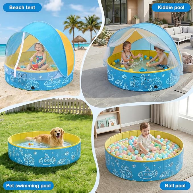 Foldable Kiddie Pool with Canopy, 47IN Portable Hard Plastic Kids Baby Swimming Pool, Sunshade & Non-Slip Beach Tent for Kids Ages 2-6, Outdoor Backyard Graden Water Play