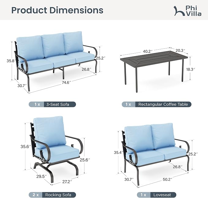 PHI VILLA Patio Furniture Set, a Loveseat, 3-Seater Sofa, 2 Rocking Chairs and a Coffee Table, Outdoor Metal Conversation Set with 5.75" Extra Thick Cushion for Garden Backyard Deck, Blue