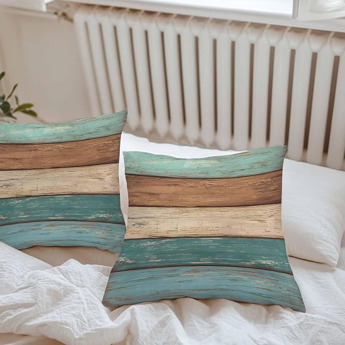 Outdoor Throw Pillows Covers 24X24 Set of 2 Waterproof Teal Turquoise Green Brown Decorative Zippered Cushion Covers for Patio Furniture, Farmhouse Retro Rustic Barn Wood Texture Lumbar Pillowcases