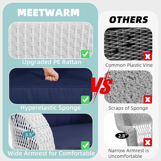 MEETWARM 4 Pieces Outdoor Wicker Patio Conversation Sets with Glider Loveseat, 2 Chairs with Coffee Table Wicker Rocking Chair Set, Patio Furniture Set with Thickened Cushions, White/Navy