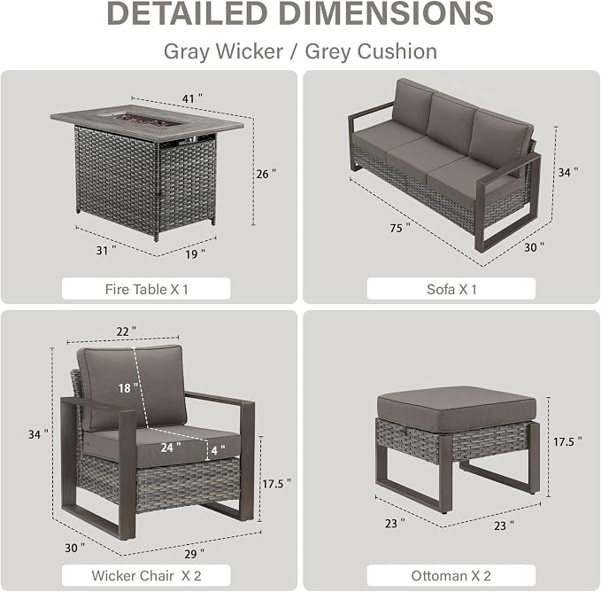 Belord 6 Piece Outdoor Patio Furniture Set with Propane Fire Pit Table, Wicker Patio Conversation Set with2 Patio Wicker Chairs Rattan Sofa and Removable 4" Thick Cushions for Deck Backyard
