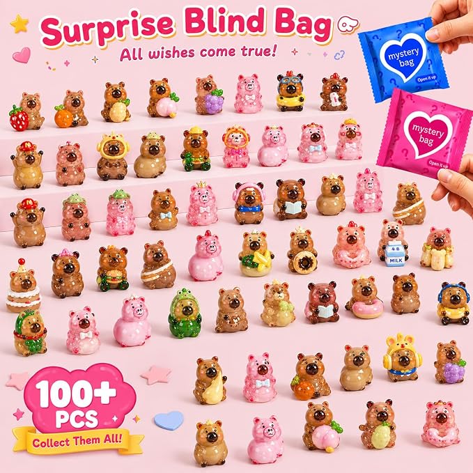 100 PCS Mystery Bag Mini Resin Capybara Blind Bags, Cute Glow in The Dark & Regular Capybara Figurines Surprise Box Toys for Kids, Tiny Collectible Party Favors, Cake Toppers, Phone Case Charms