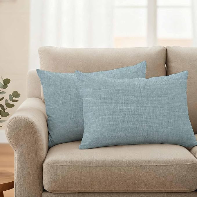 Outdoor Waterproof Throw Pillow Covers Set of 2 Blue Linen Lumbar Pillowcases 20x12 Inches Farmhouse Pure Color Decorative Pillows Cushion Case Patio Pillows for Couch Bed Chair Garden